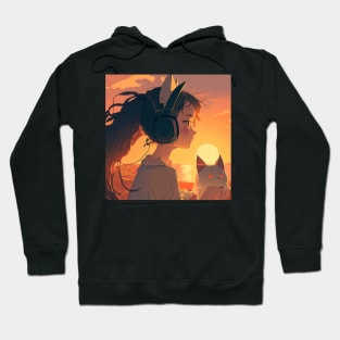 Sunset Serenade - Girl Hugging Cat Print T-Shirt Hoodie